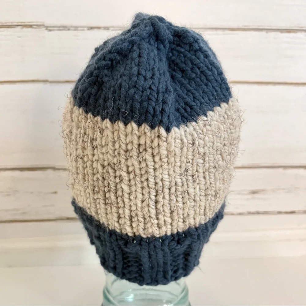 Handmade Knit Beanie • Navy & Cream Colorblock • Cozy Winter Hat
